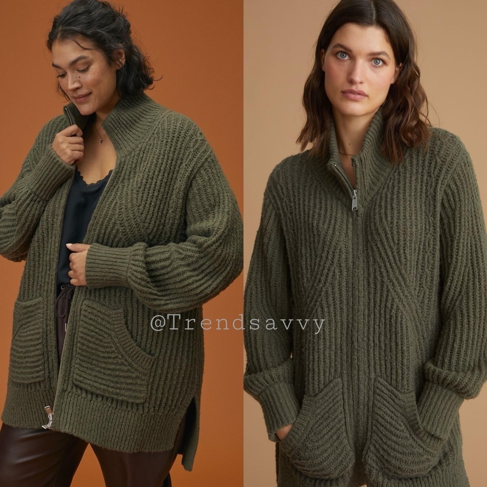 Anthropologie Pilcro Olive Wool Zip Cardigan Sweater Jacket Coat Green Medium